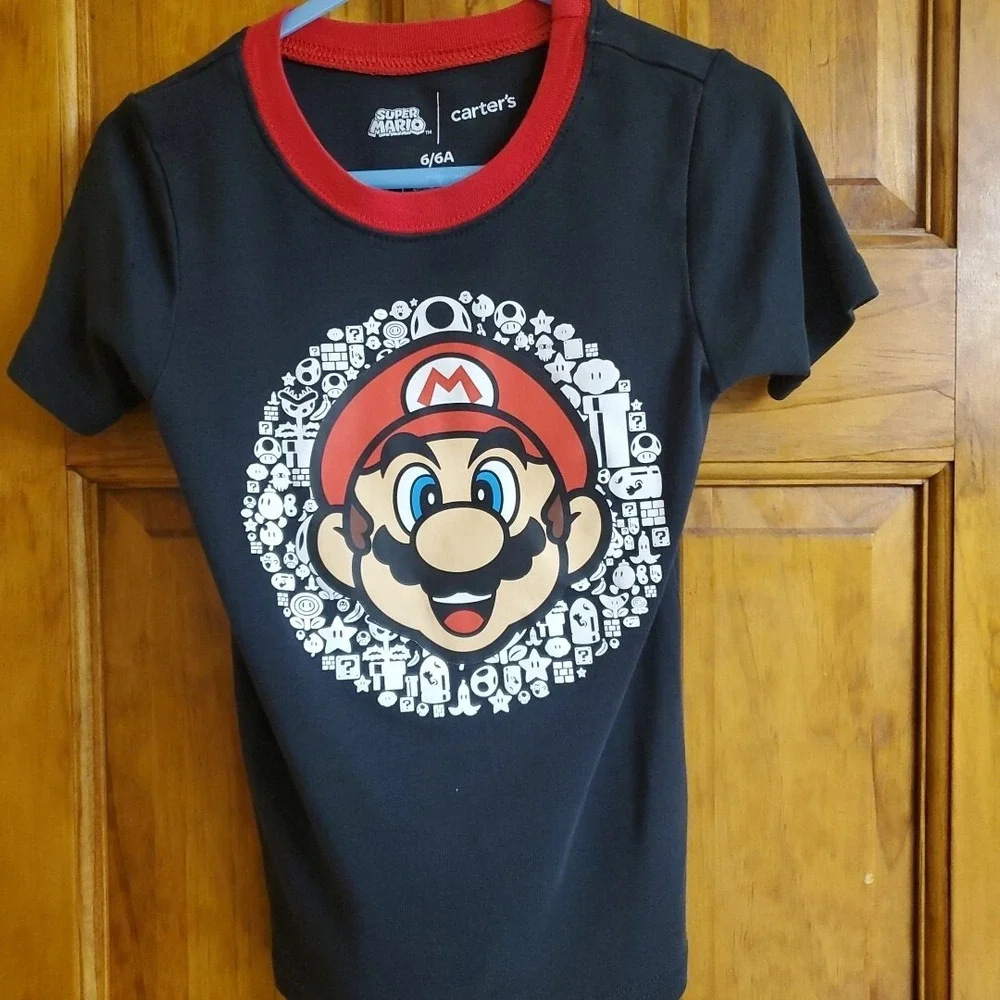 Carter's Size 6 Pajama Top Kids Black Super Mario Graphic Tee Nintendo Shirt